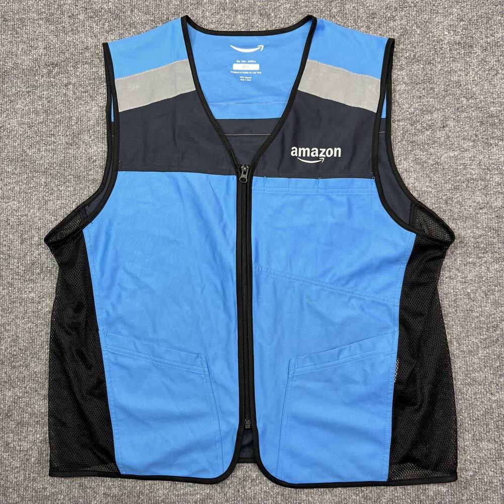 Amazon Flex Vest M/L Blue Black Reflective Zip Front Uniform Workwear Luly Yang